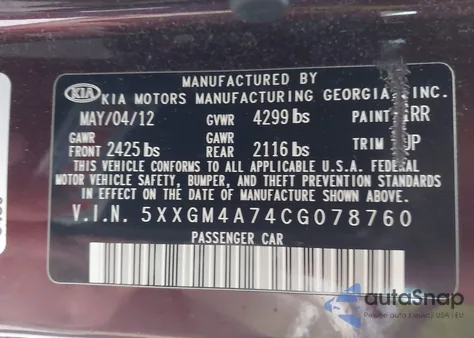 2012 Kia Optima Lx z USA, uszkodzony, nr VIN 5XXGM4A74CG078760